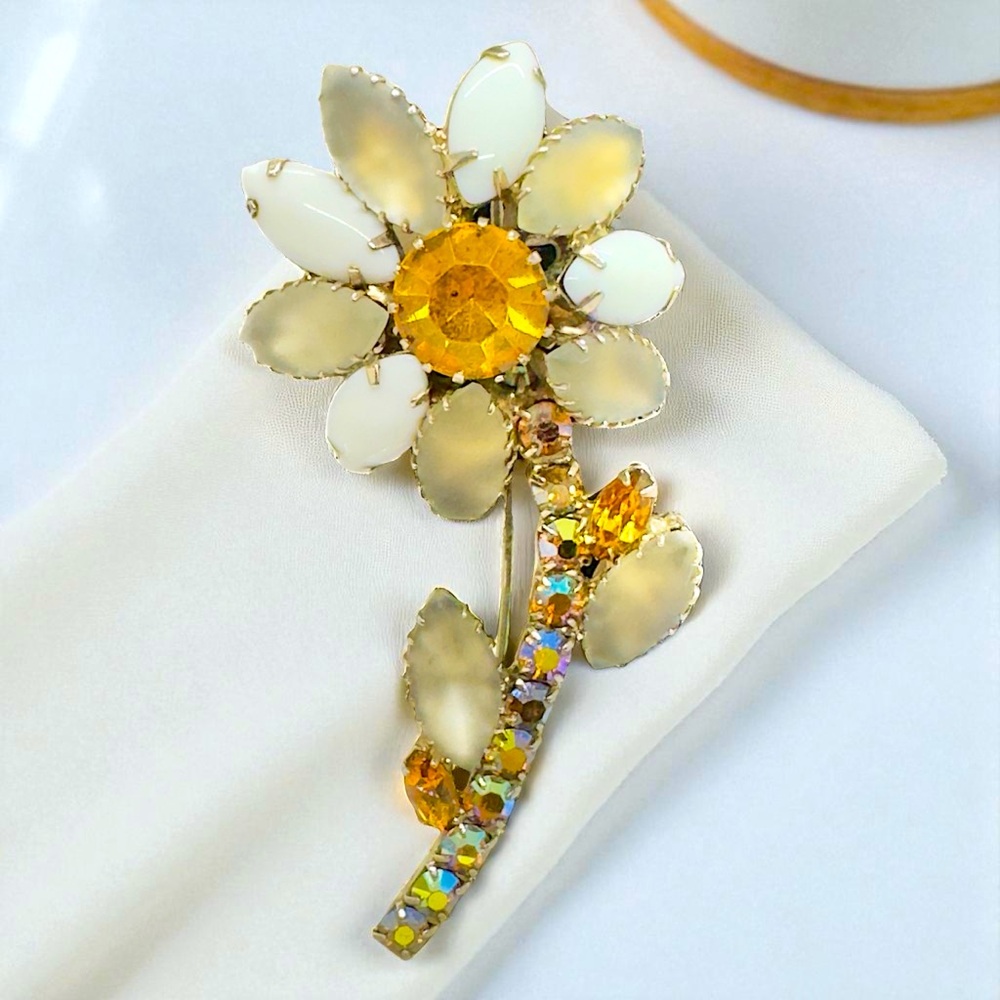Vintage Frosted & White Milk Glass Aurora Borealis Flower Stem Brooch